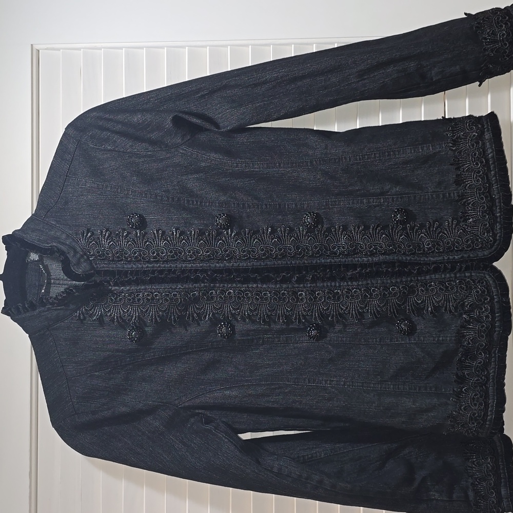 Bay Studio Black Jean Jacket With Lace Embroidered Trim NWOT